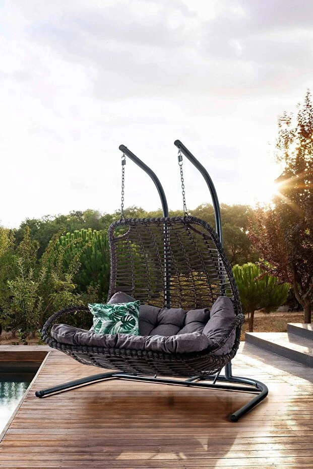 Komfor Çift Kişilik Rattan Salıncak Kahve Gri Oturum